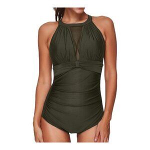 Women's Army Green Mesh V-Neck Tummy Control Swimwear Size Large NWT #1905